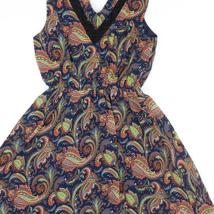 Mela Loves London Womens Blue Paisley Polyester A-Line Size 8 V-Neck Pullover