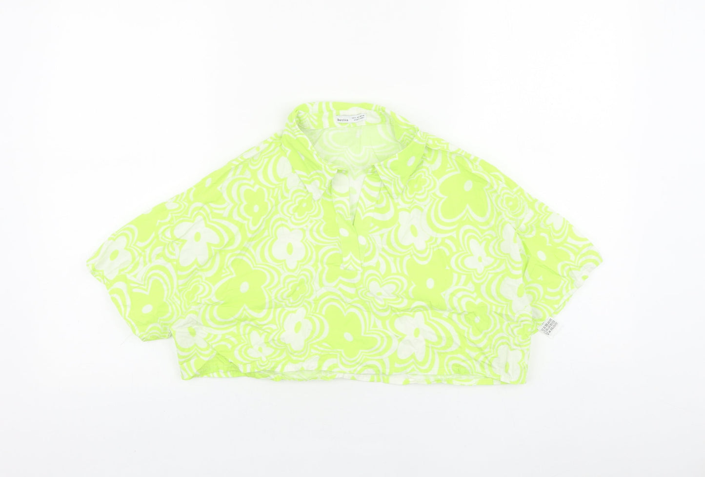 Bershka Womens Green Floral 100% Cotton Cropped Blouse Size 10 Collared