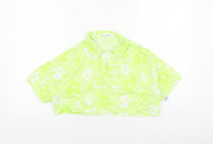 Bershka Womens Green Floral 100% Cotton Cropped Blouse Size 10 Collared