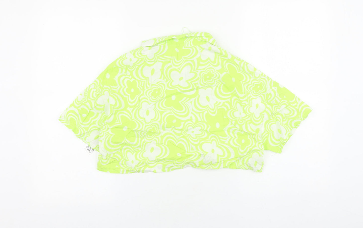 Bershka Womens Green Floral 100% Cotton Cropped Blouse Size 10 Collared