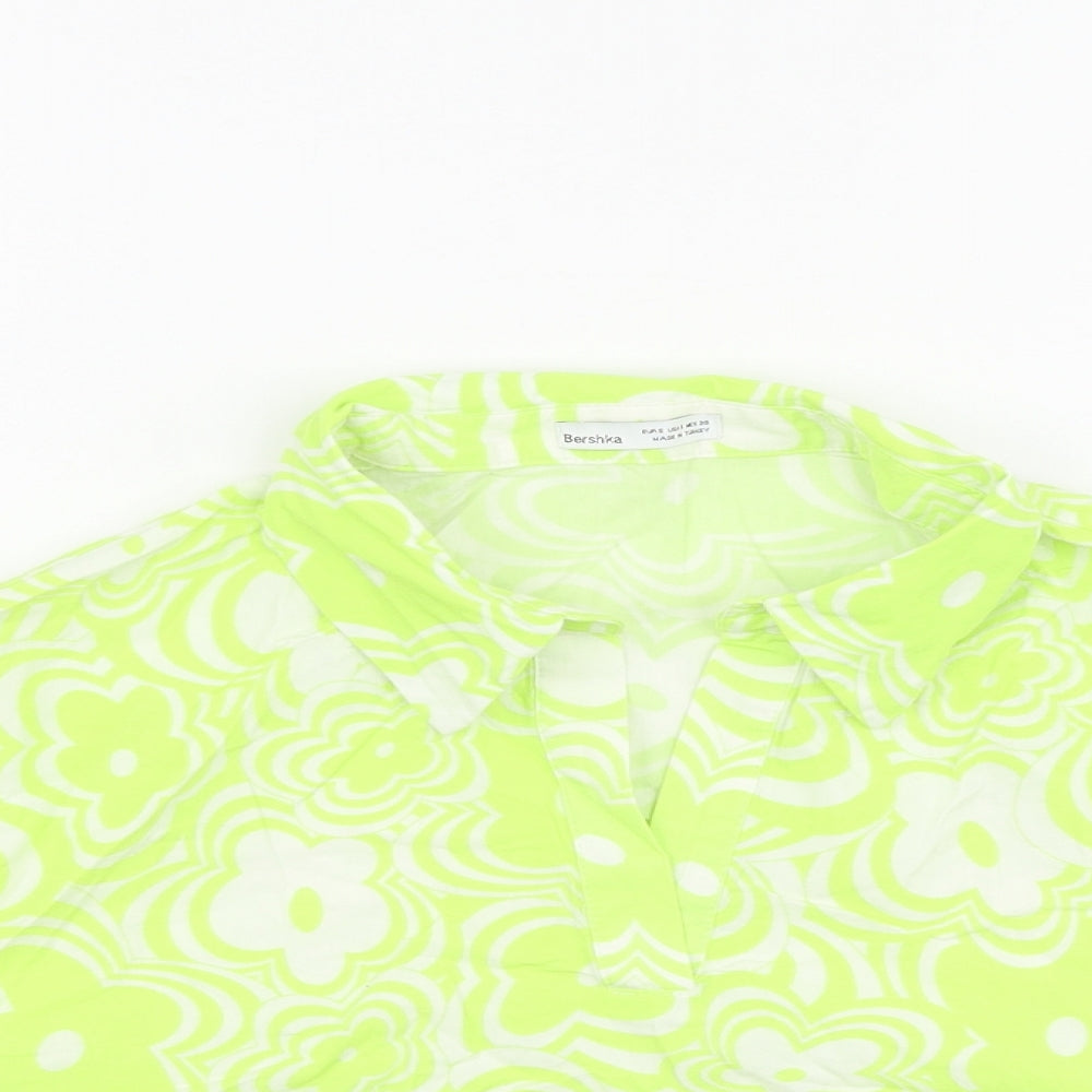 Bershka Womens Green Floral 100% Cotton Cropped Blouse Size 10 Collared