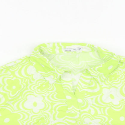 Bershka Womens Green Floral 100% Cotton Cropped Blouse Size 10 Collared