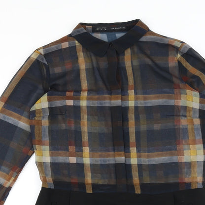 Zara Womens Black Plaid Viscose Shirt Dress Size S Collared Button