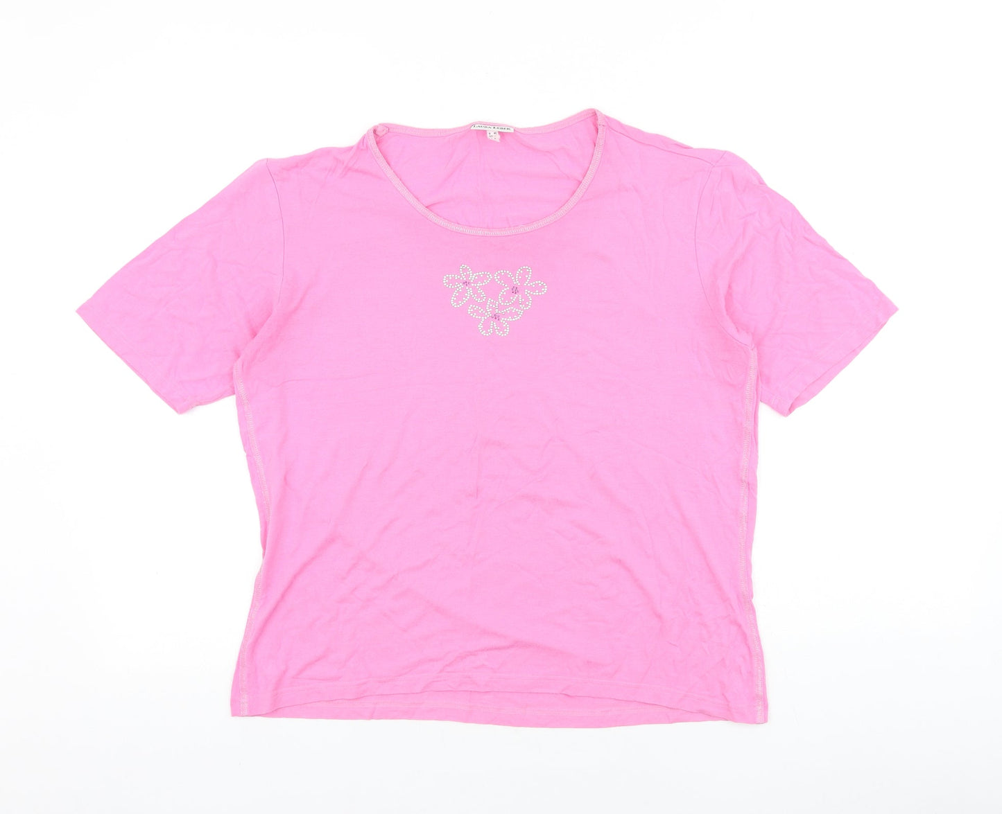 Laura Lebek Womens Orange 100% Cotton Basic T-Shirt Size 14 Round Neck - Flower Detail
