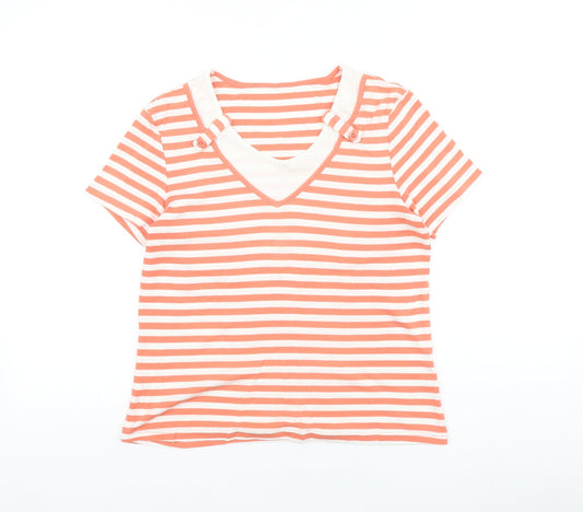Bonmarché Womens Orange Striped 100% Cotton Basic T-Shirt Size S V-Neck