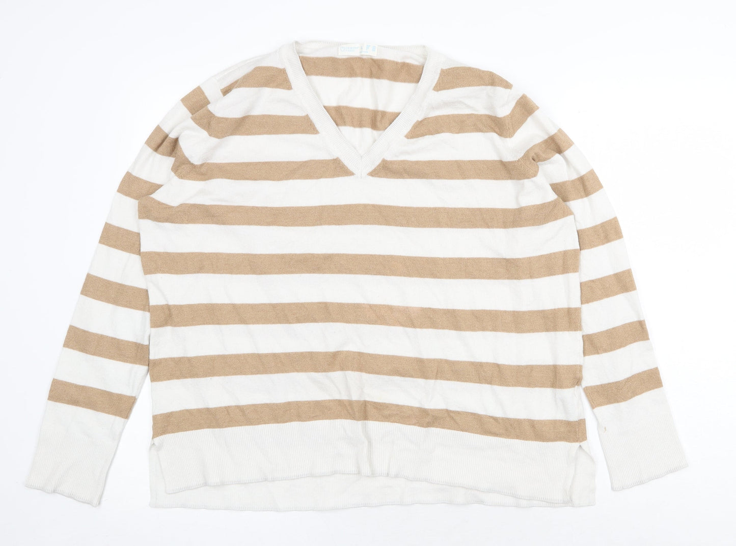 Primark Womens Beige V-Neck Striped Polyester Pullover Jumper Size L
