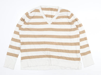 Primark Womens Beige V-Neck Striped Polyester Pullover Jumper Size L