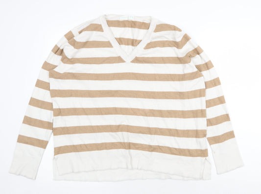 Primark Womens Beige V-Neck Striped Polyester Pullover Jumper Size L