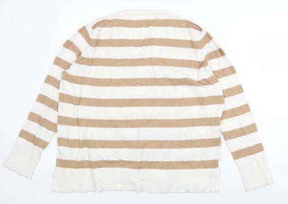 Primark Womens Beige V-Neck Striped Polyester Pullover Jumper Size L
