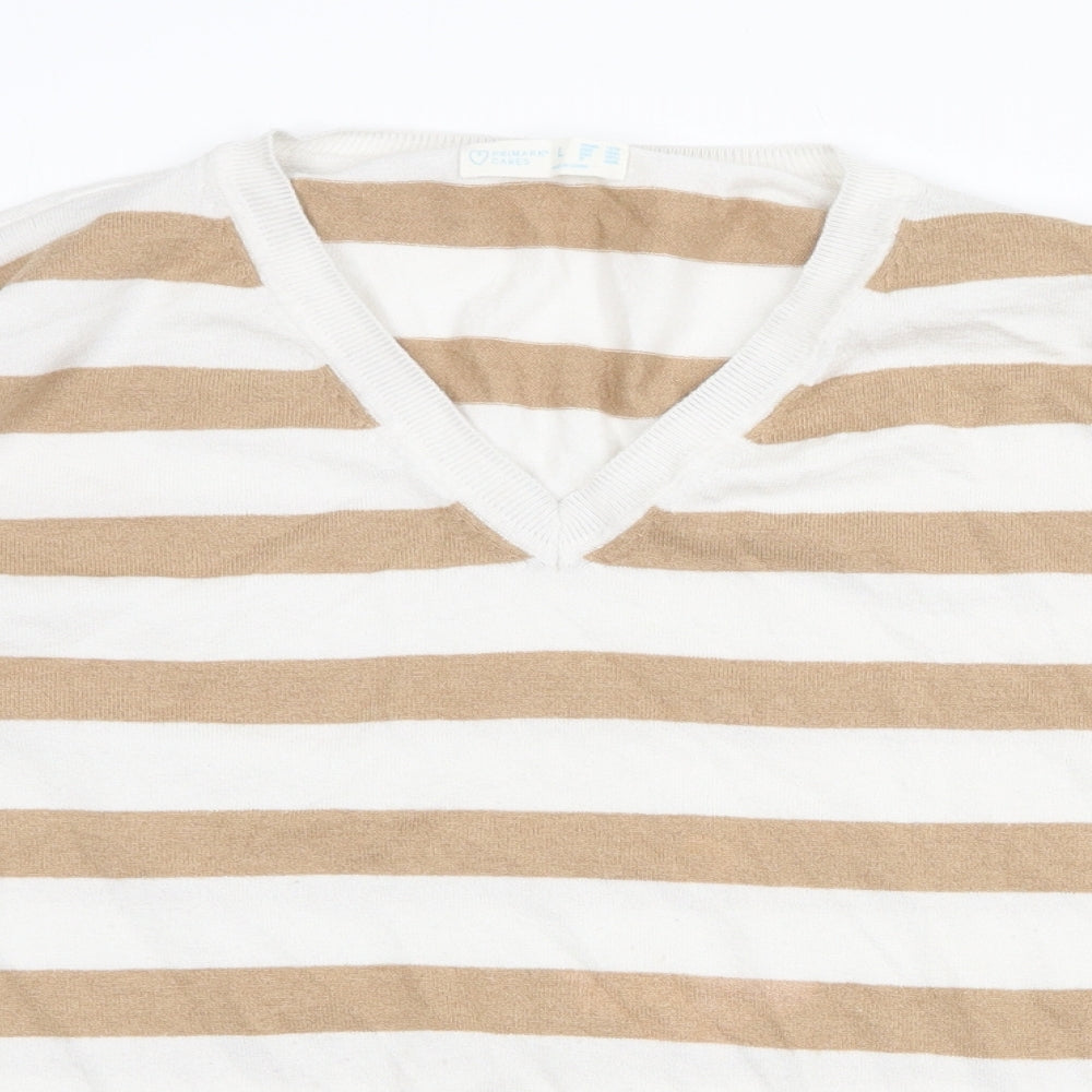 Primark Womens Beige V-Neck Striped Polyester Pullover Jumper Size L