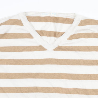 Primark Womens Beige V-Neck Striped Polyester Pullover Jumper Size L