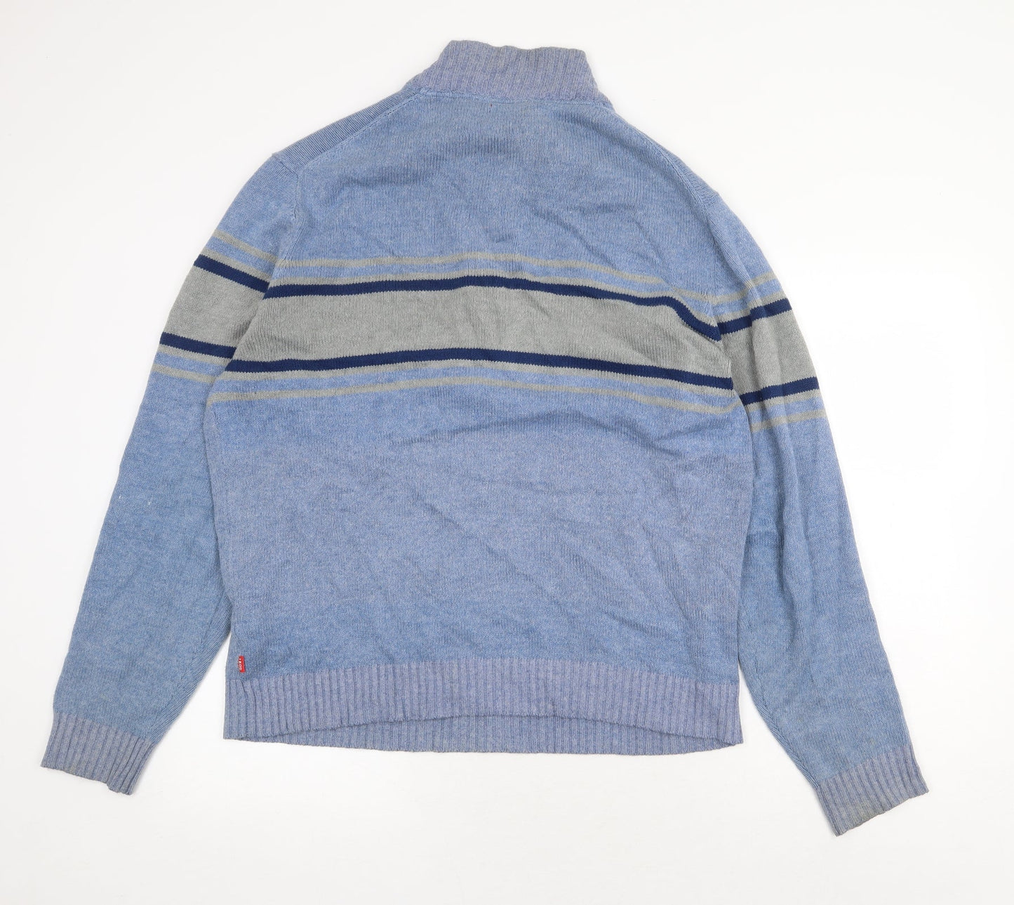 IZOD Mens Blue High Neck Striped Cotton Pullover Jumper Size L Long Sleeve