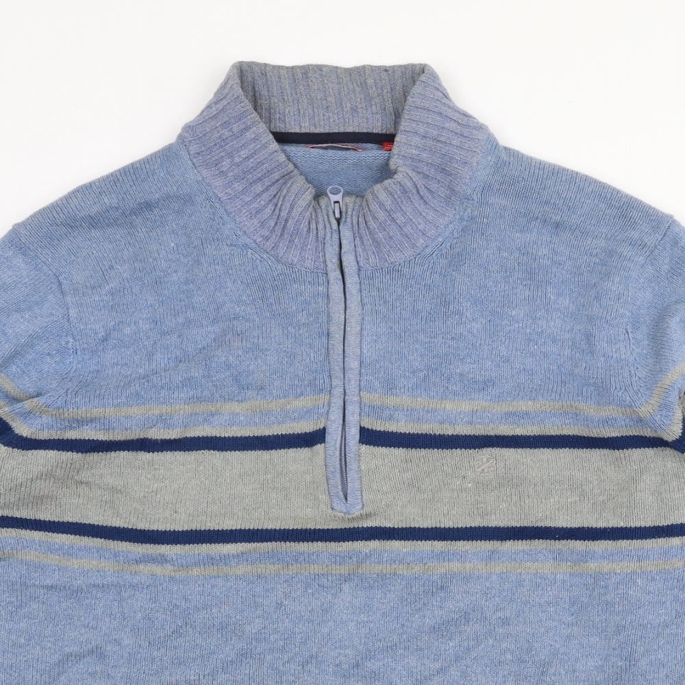 IZOD Mens Blue High Neck Striped Cotton Pullover Jumper Size L Long Sleeve