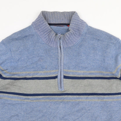 IZOD Mens Blue High Neck Striped Cotton Pullover Jumper Size L Long Sleeve