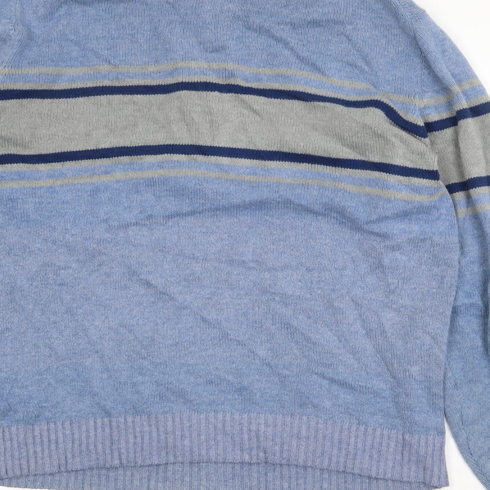 IZOD Mens Blue High Neck Striped Cotton Pullover Jumper Size L Long Sleeve