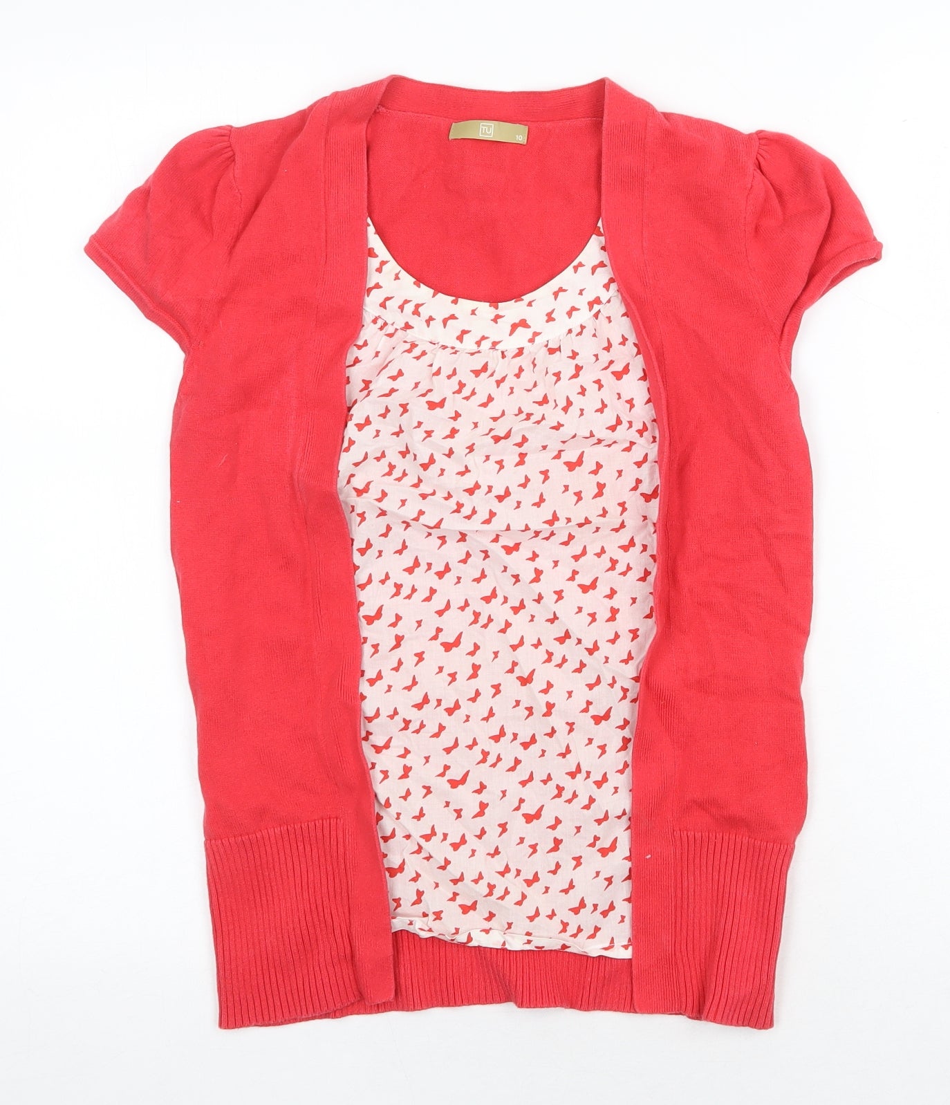 TU Womens Red Geometric 100% Cotton Basic Blouse Size 10 Scoop Neck - Layered