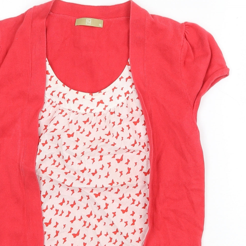 TU Womens Red Geometric 100% Cotton Basic Blouse Size 10 Scoop Neck - Layered