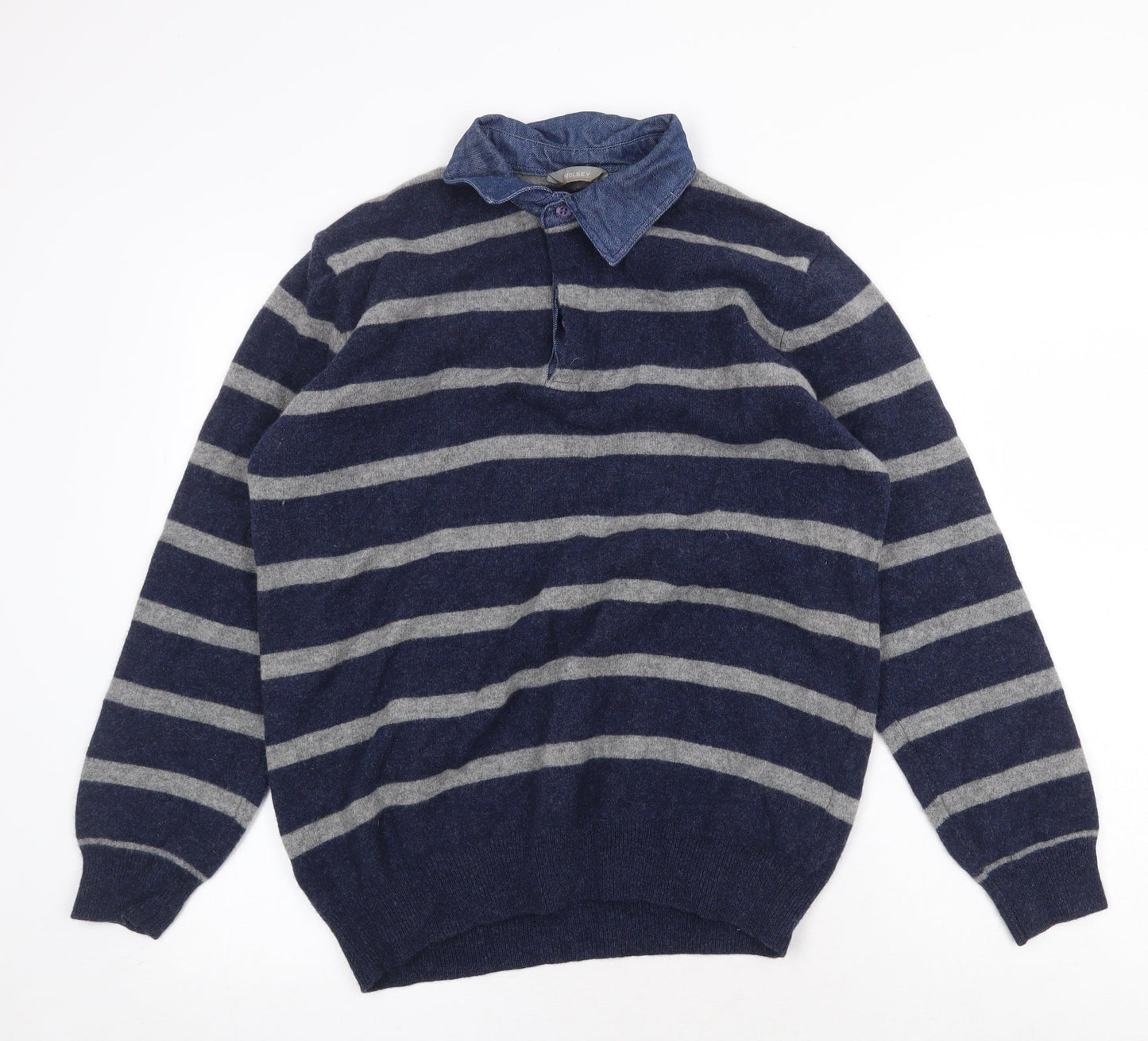 Wolsey Mens Blue Collared Striped Wool Pullover Jumper Size M Long Sleeve - Denim Shirt Collar