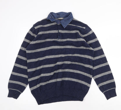 Wolsey Mens Blue Collared Striped Wool Pullover Jumper Size M Long Sleeve - Denim Shirt Collar