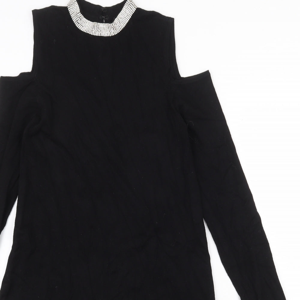 Warehouse Womens Black Viscose A-Line Size 10 Round Neck Hook & Eye - Cold Shoulder