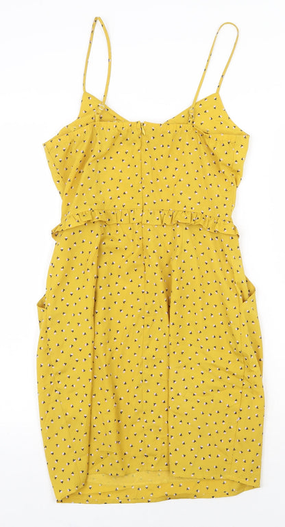 Lush Womens Yellow Floral Polyester Slip Dress Size M V-Neck Zip
