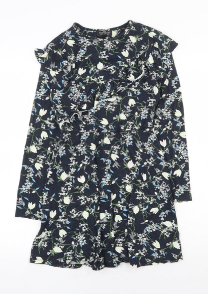 Topshop Womens Blue Floral Viscose A-Line Size 8 Round Neck Pullover