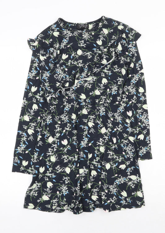 Topshop Womens Blue Floral Viscose A-Line Size 8 Round Neck Pullover