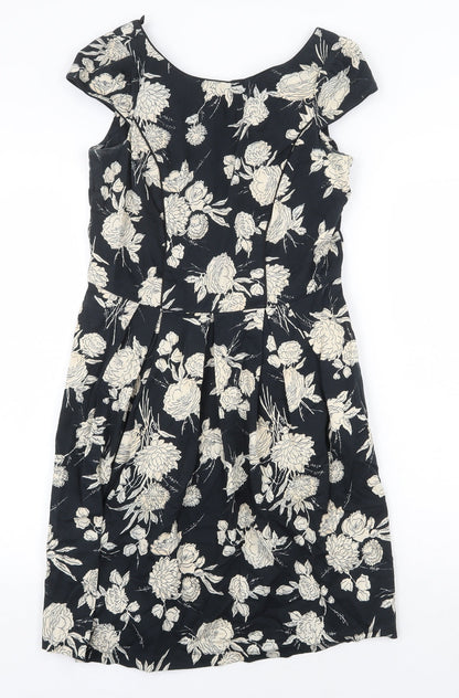 Dorothy Perkins Womens Black Floral Cotton A-Line Size 10 Boat Neck Zip