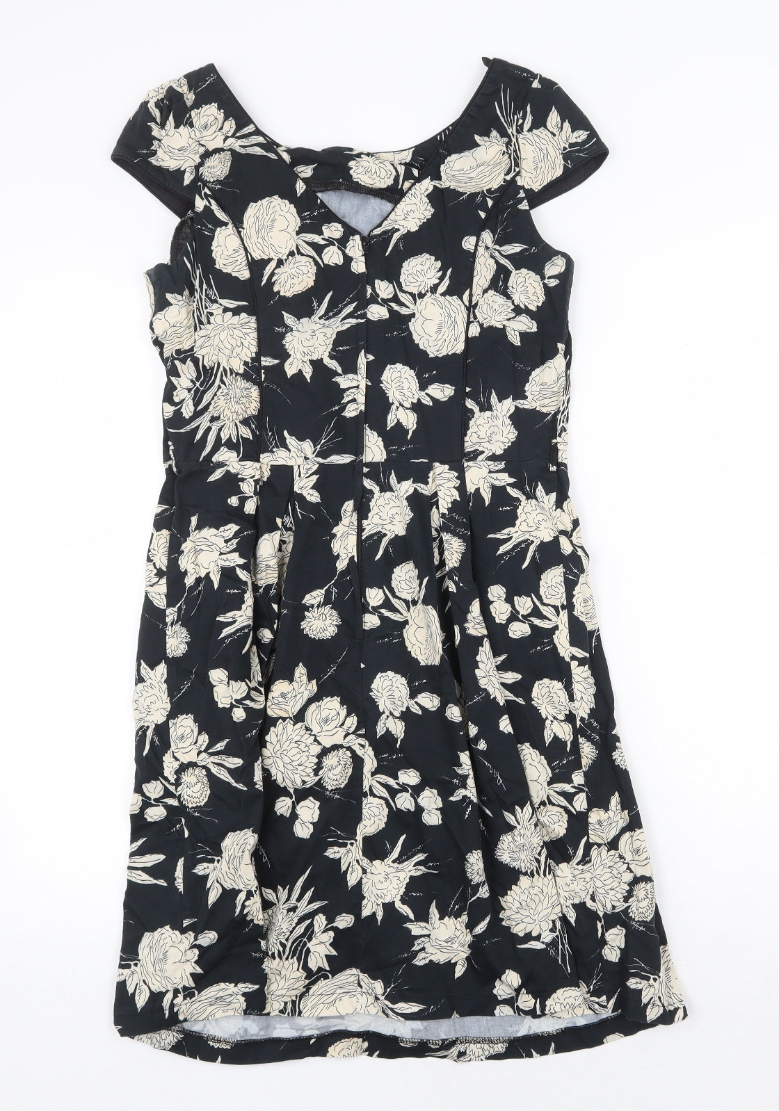Dorothy Perkins Womens Black Floral Cotton A-Line Size 10 Boat Neck Zip