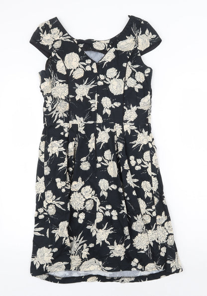 Dorothy Perkins Womens Black Floral Cotton A-Line Size 10 Boat Neck Zip