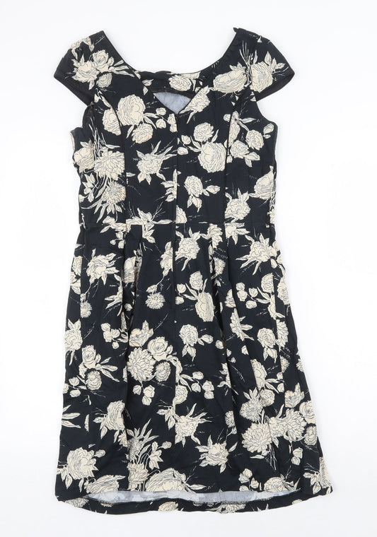 Dorothy Perkins Womens Black Floral Cotton A-Line Size 10 Boat Neck Zip