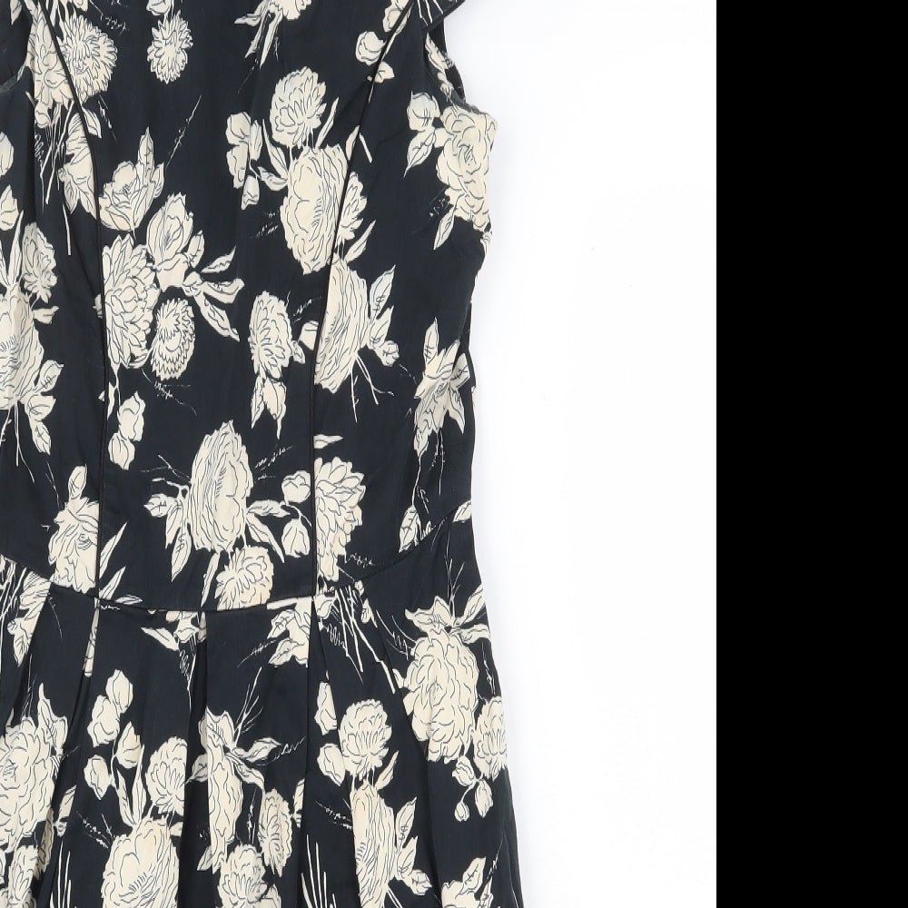 Dorothy Perkins Womens Black Floral Cotton A-Line Size 10 Boat Neck Zip