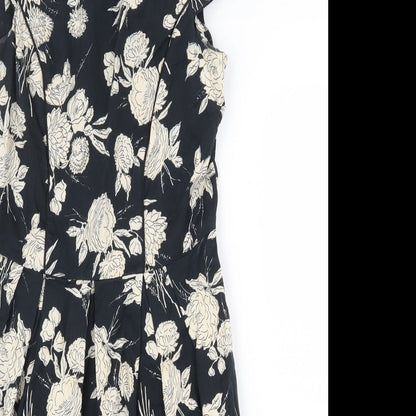 Dorothy Perkins Womens Black Floral Cotton A-Line Size 10 Boat Neck Zip