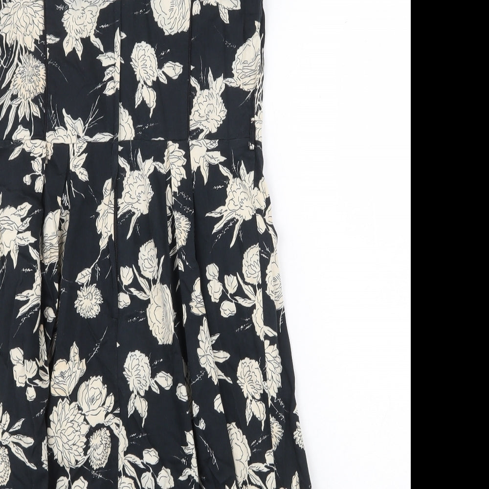 Dorothy Perkins Womens Black Floral Cotton A-Line Size 10 Boat Neck Zip
