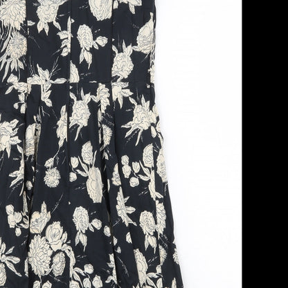 Dorothy Perkins Womens Black Floral Cotton A-Line Size 10 Boat Neck Zip