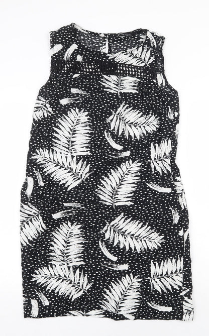 Capsule Womens Black Geometric Viscose Shift Size 10 Boat Neck Button - Leaf Pattern