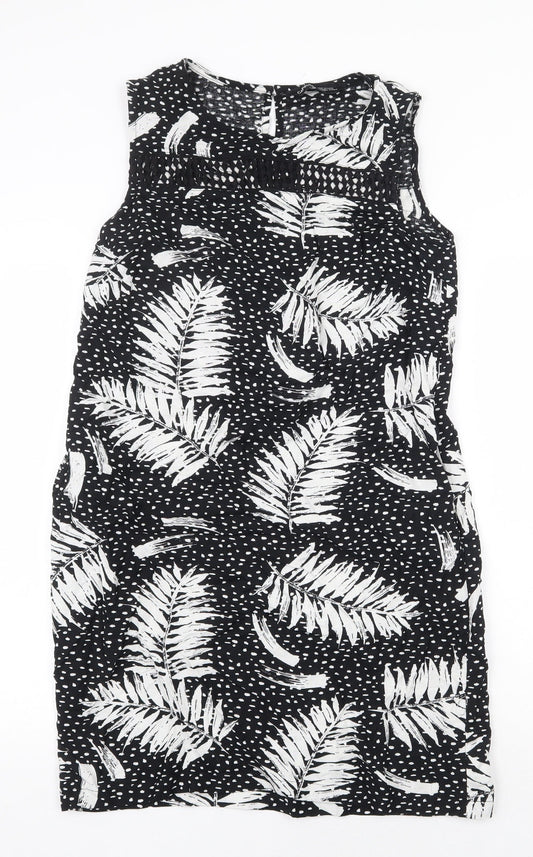 Capsule Womens Black Geometric Viscose Shift Size 10 Boat Neck Button - Leaf Pattern