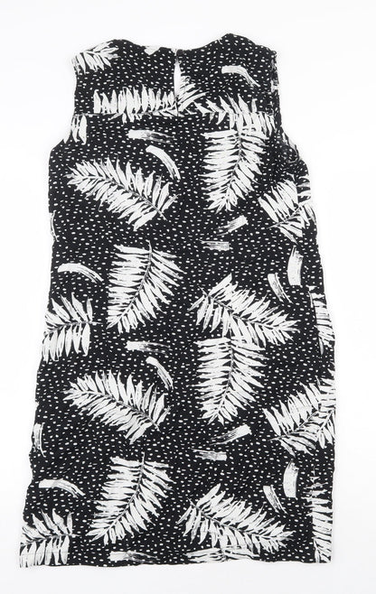 Capsule Womens Black Geometric Viscose Shift Size 10 Boat Neck Button - Leaf Pattern