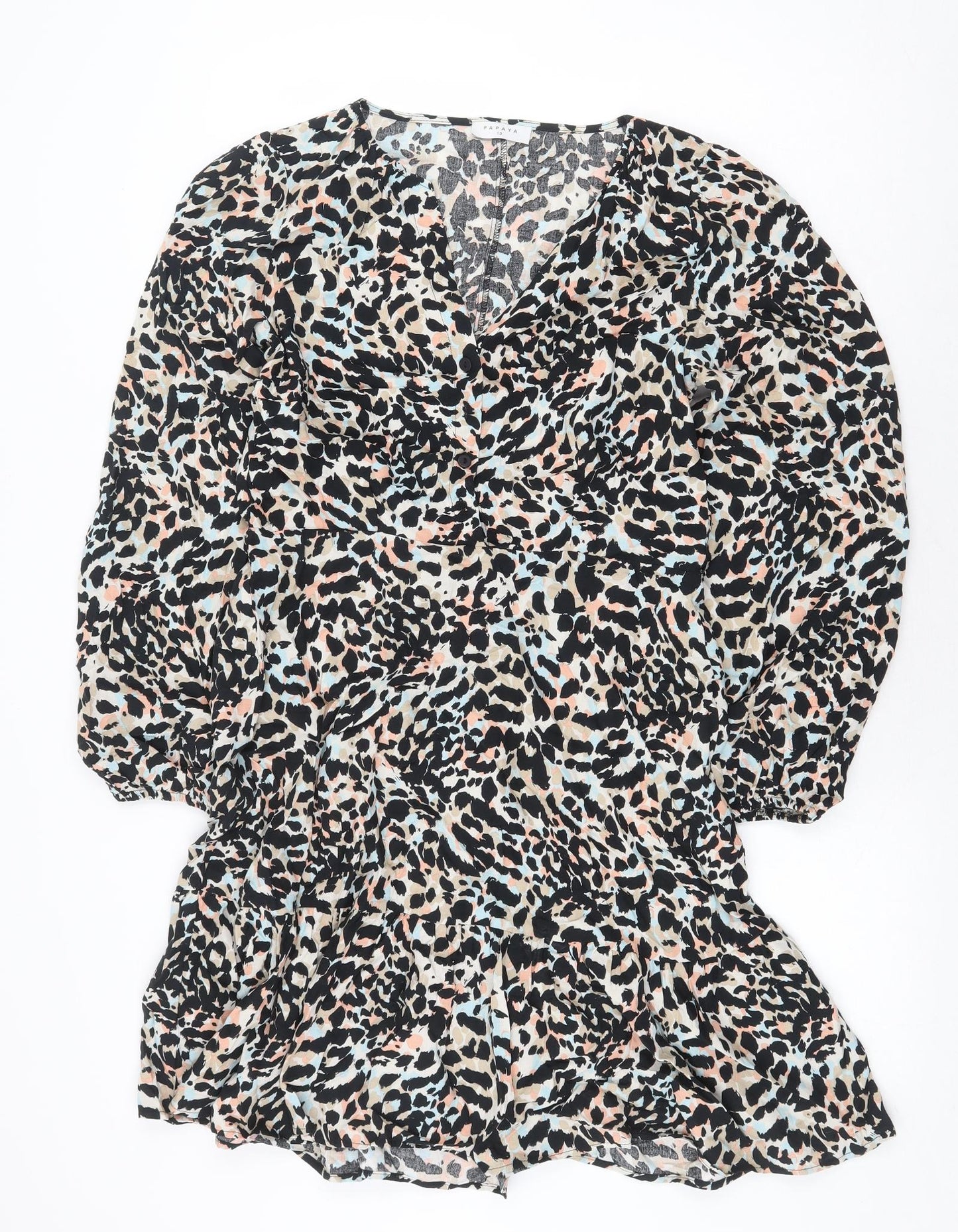 Papaya Womens Black Animal Print Viscose A-Line Size 10 V-Neck Pullover