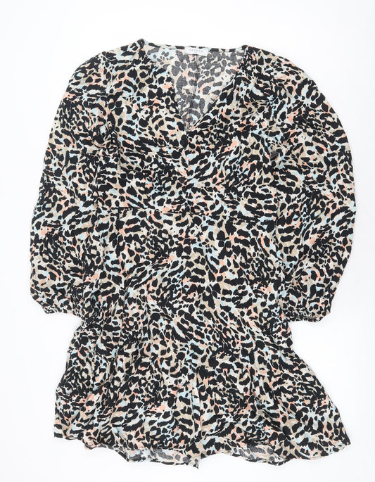 Papaya Womens Black Animal Print Viscose A-Line Size 10 V-Neck Pullover