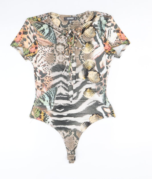 Missguided Womens Multicoloured Animal Print Polyester Bodysuit One-Piece Size 12 Tie