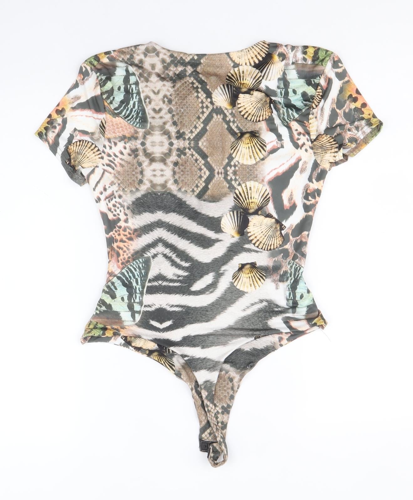 Missguided Womens Multicoloured Animal Print Polyester Bodysuit One-Piece Size 12 Tie