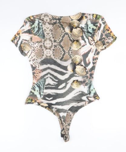Missguided Womens Multicoloured Animal Print Polyester Bodysuit One-Piece Size 12 Tie