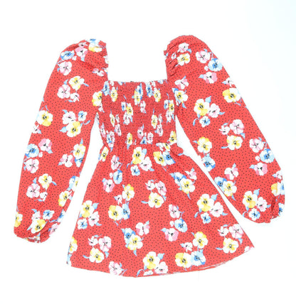 Missguided Womens Red Floral Polyester Skater Dress Size 8 Square Neck Pullover - Shirred Top