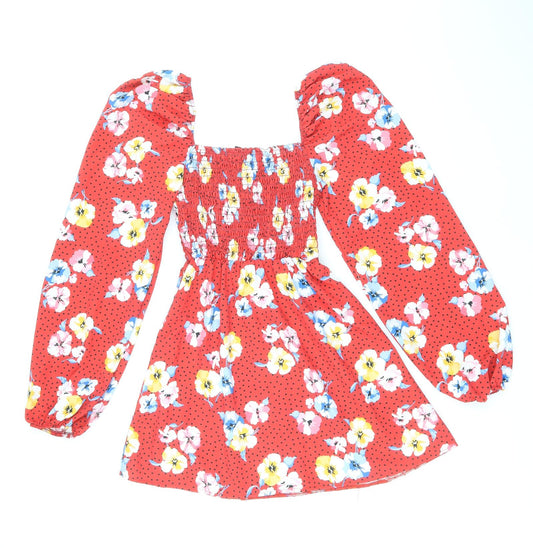 Missguided Womens Red Floral Polyester Skater Dress Size 8 Square Neck Pullover - Shirred Top
