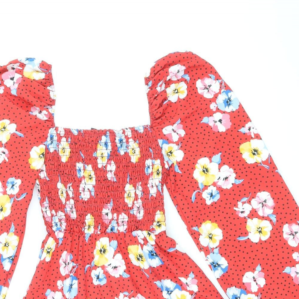 Missguided Womens Red Floral Polyester Skater Dress Size 8 Square Neck Pullover - Shirred Top