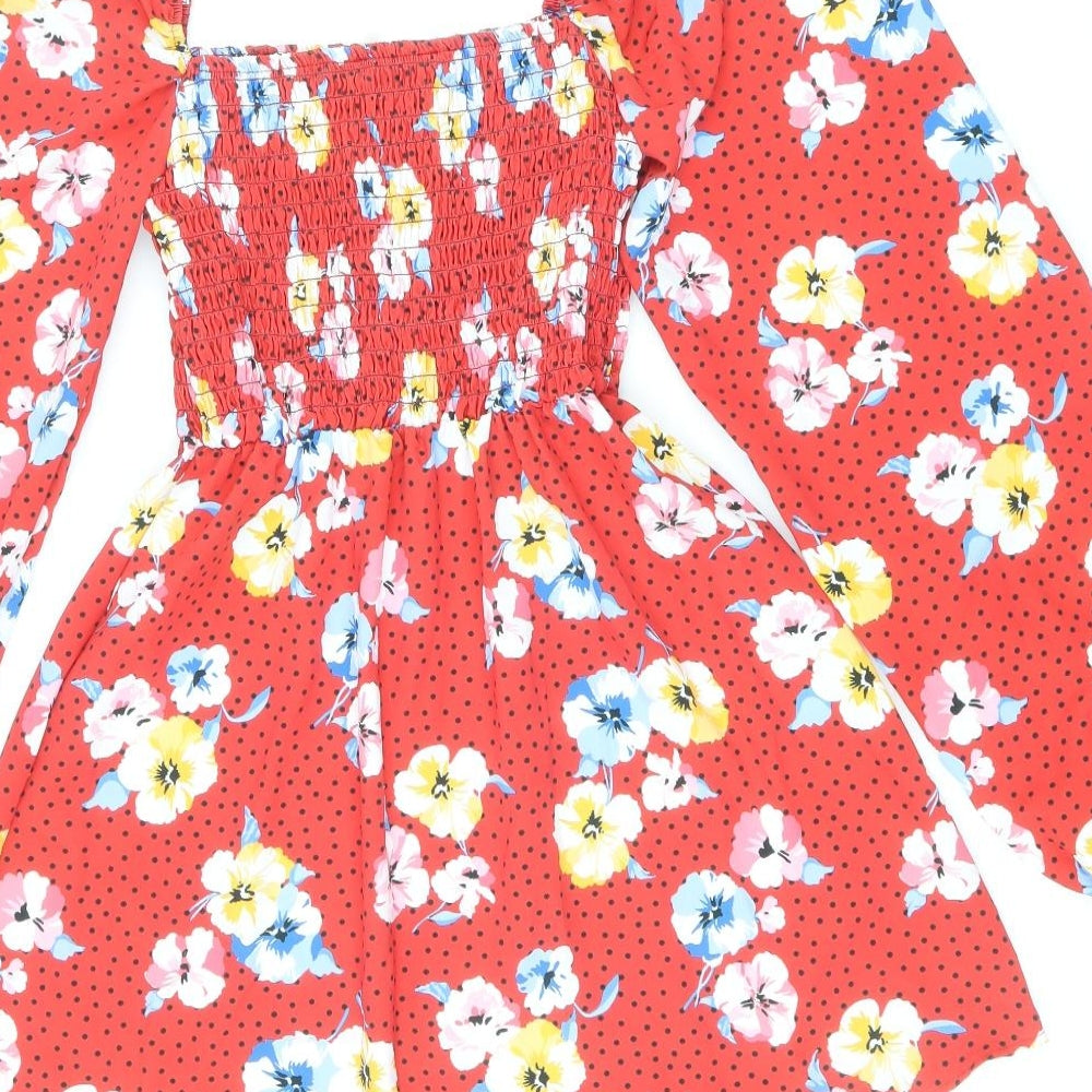 Missguided Womens Red Floral Polyester Skater Dress Size 8 Square Neck Pullover - Shirred Top