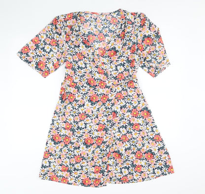 Only Womens Multicoloured Floral Polyester Wrap Dress Size 8 V-Neck Tie