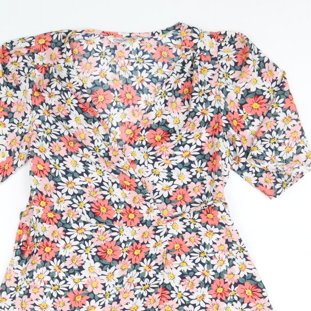 Only Womens Multicoloured Floral Polyester Wrap Dress Size 8 V-Neck Tie
