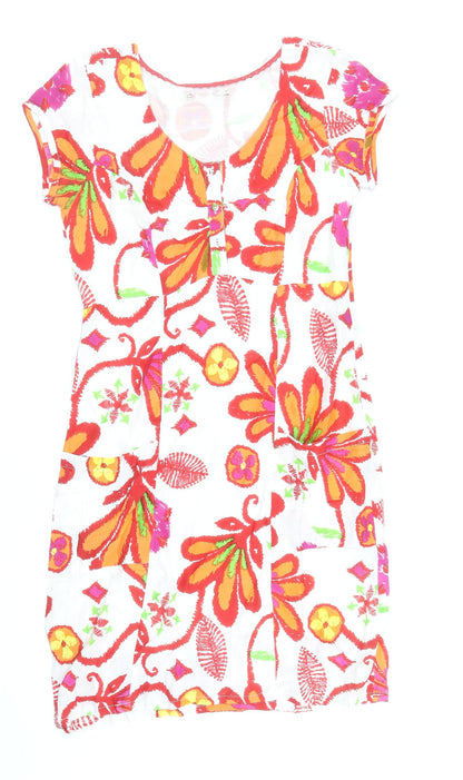 Preworn Womens Multicoloured Floral Viscose Shift Size 10 Scoop Neck Button